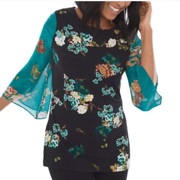 Chico's Tops - Chico's Floral Black Blouse with Teal Sleeves - Sz 1